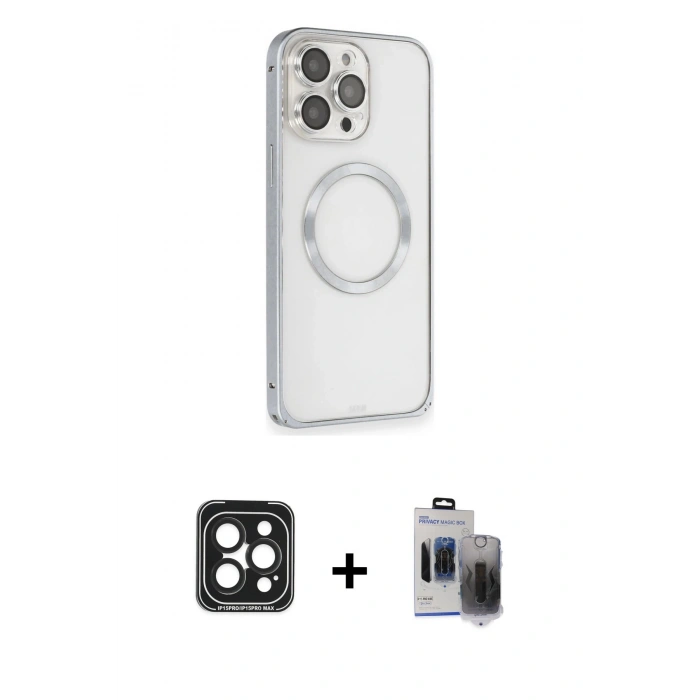 MARSİLYAN™- iPhone 15 Pro Max Kılıf Ahenk Işık Serisi - Siyah Vanessa Magic Hayalet Cam + PVD Metal Kamera Lens - SH