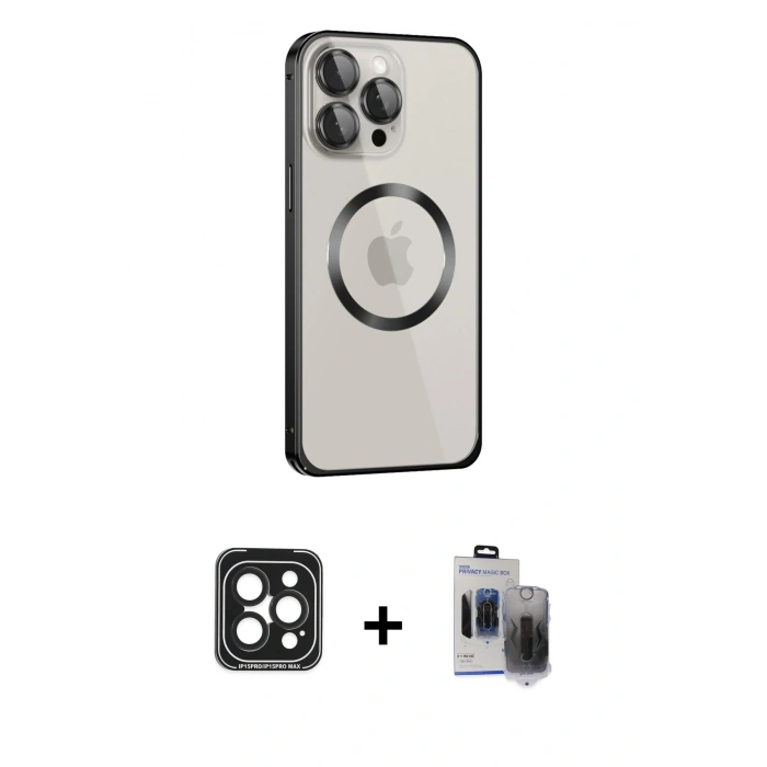 MARSİLYAN™- iPhone 15 Pro Max Kılıf Ahenk Işık Serisi - Siyah Vanessa Magic Hayalet Cam + PVD Metal Kamera Lens - SH