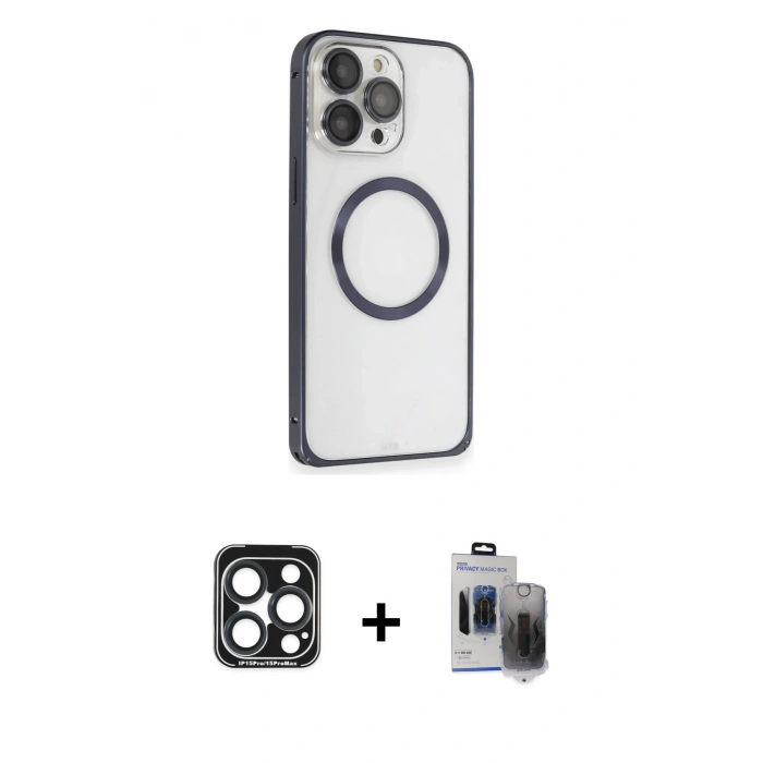 MARSİLYAN™- iPhone 15 Pro Max Kılıf Ahenk Işık Serisi - Siyah Vanessa Magic Hayalet Cam + PVD Metal Kamera Lens - LT