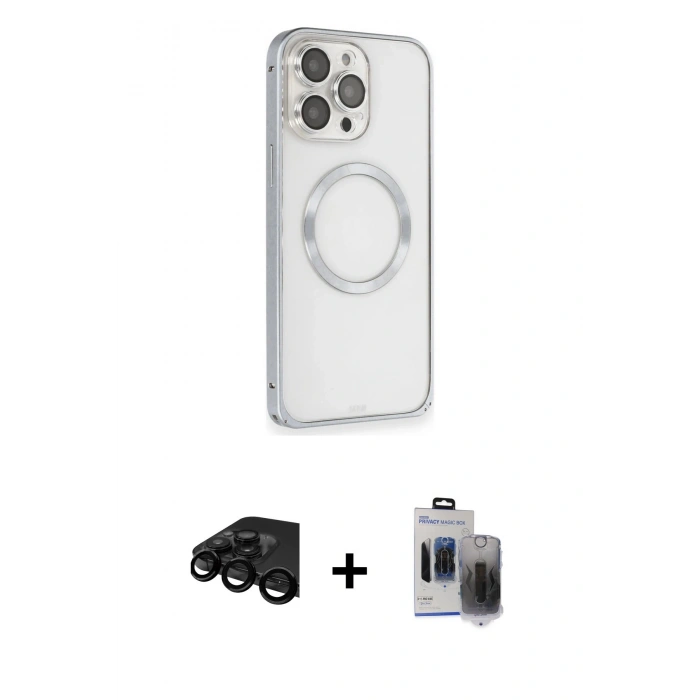 MARSİLYAN™- iPhone 15 Pro Max Kılıf Ahenk Işık Serisi - Siyah Vanessa Magic Hayalet Cam + Raze Metal Kamera Lens - SH