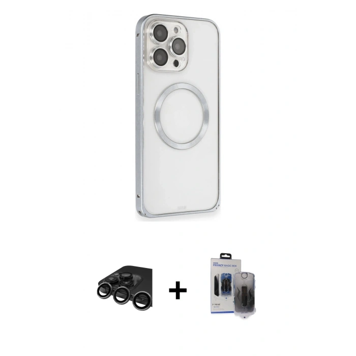 MARSİLYAN™- iPhone 15 Pro Max Kılıf Ahenk Işık Serisi - Siyah Vanessa Magic Hayalet Cam + Titanyum Gri Raze Metal Kamera Lens