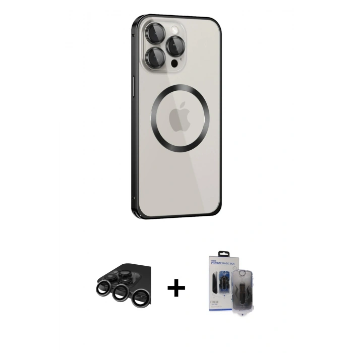 MARSİLYAN™- iPhone 15 Pro Max Kılıf Ahenk Işık Serisi - Siyah Vanessa Magic Hayalet Cam + Titanyum Gri Raze Metal Kamera Lens