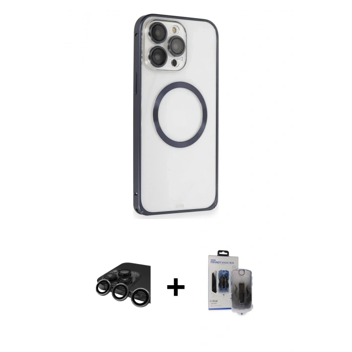 MARSİLYAN™- iPhone 15 Pro Max Kılıf Ahenk Işık Serisi - Siyah Vanessa Magic Hayalet Cam + Titanyum Gri Raze Metal Kamera Lens