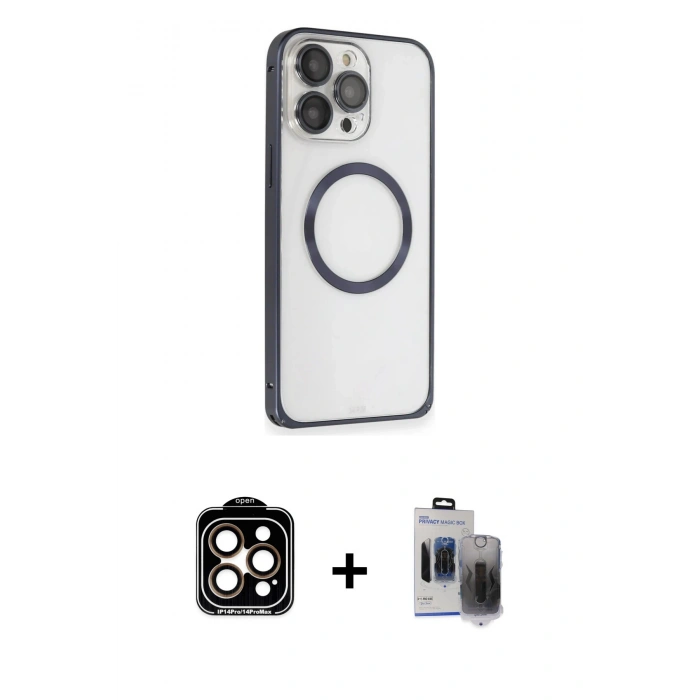 MARSİLYAN™- iPhone 15 Pro Max Kılıf Ahenk Işık Serisi - Siyah Vanessa Magic Hayalet Cam + PVD Metal Kamera Lens - TU