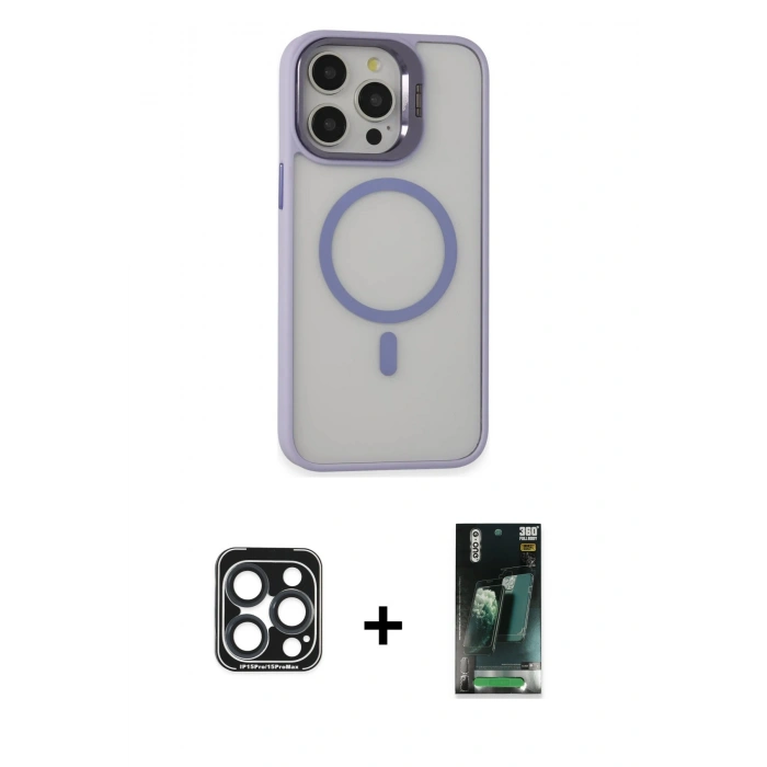 MARSİLYAN™- iPhone 15 Pro Max Kılıf Ahenk Klasik Özel Seri - Şeffaf 360 Full Body Arka Koruyucu + Lacivert PVD Metal Kamera Lens