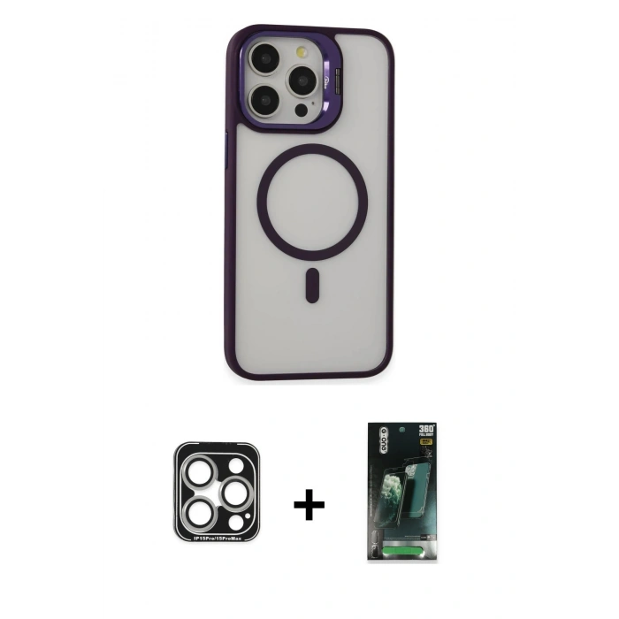 MARSİLYAN™- iPhone 15 Pro Max Kılıf Ahenk Klasik Özel Seri - Şeffaf 360 Full Body Arka Koruyucu + PVD Metal Kamera Lens - GS
