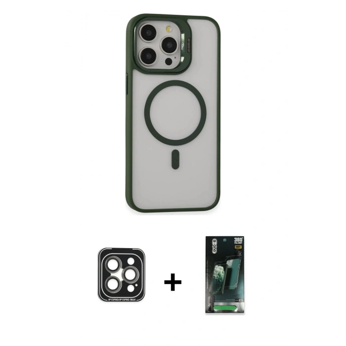 MARSİLYAN™- iPhone 15 Pro Max Kılıf Ahenk Klasik Özel Seri - Şeffaf 360 Full Body Arka Koruyucu + PVD Metal Kamera Lens - GI