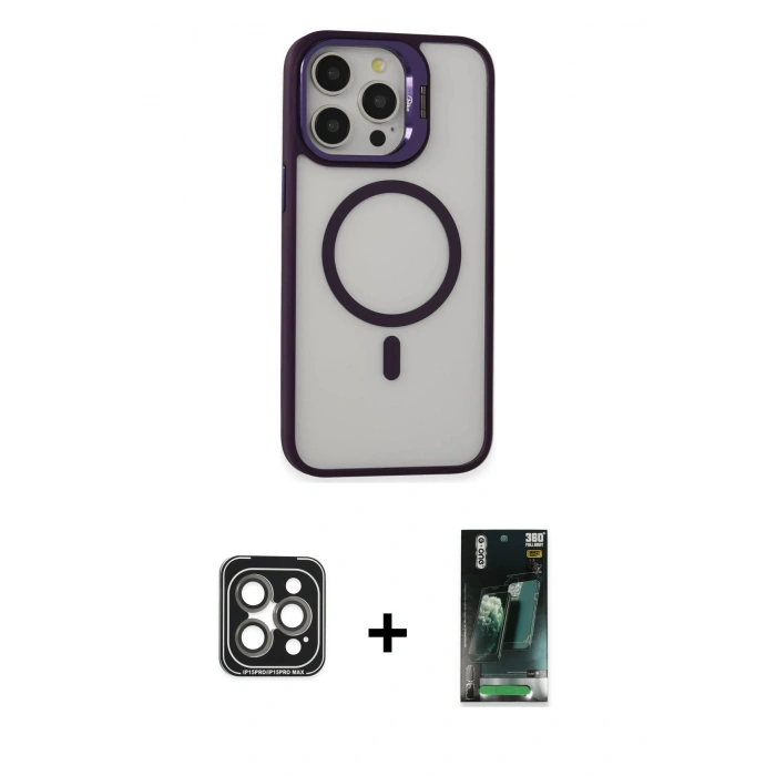 MARSİLYAN™- iPhone 15 Pro Max Kılıf Ahenk Klasik Özel Seri - Şeffaf 360 Full Body Arka Koruyucu + PVD Metal Kamera Lens - GI