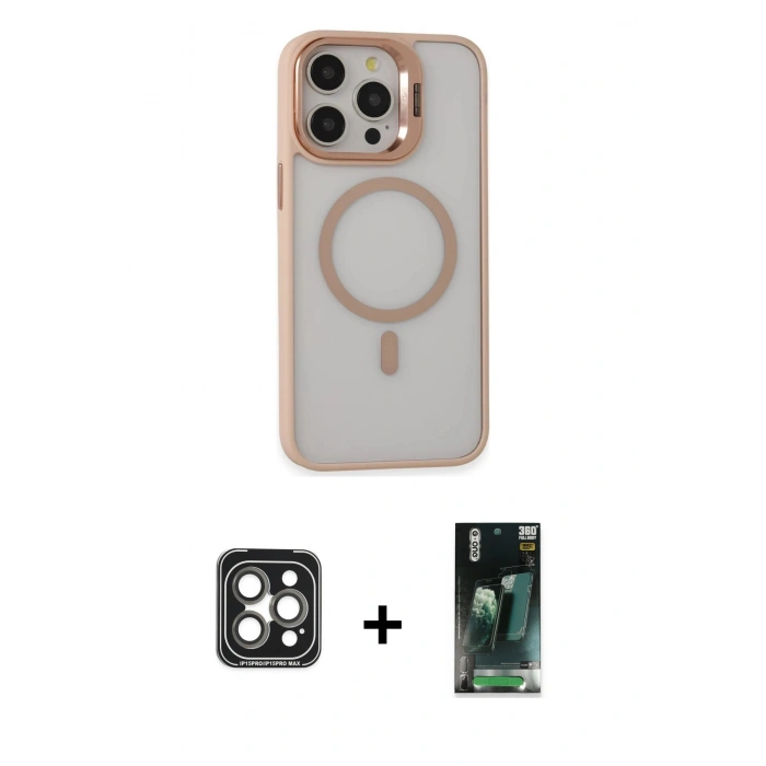 MARSİLYAN™- iPhone 15 Pro Max Kılıf Ahenk Klasik Özel Seri - Şeffaf 360 Full Body Arka Koruyucu + PVD Metal Kamera Lens - GI