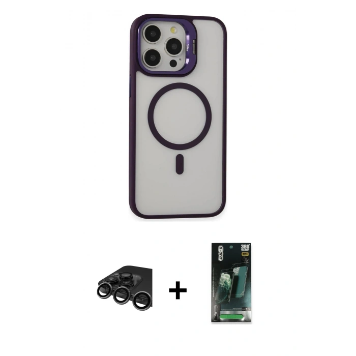 MARSİLYAN™- iPhone 15 Pro Max Kılıf Ahenk Klasik Özel Seri - Şeffaf 360 Full Body Arka Koruyucu + Raze Metal Kamera Lens - TMGI