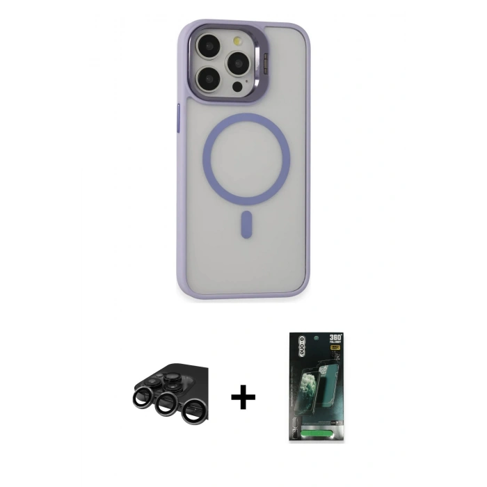 MARSİLYAN™- iPhone 15 Pro Max Kılıf Ahenk Klasik Özel Seri - Şeffaf 360 Full Body Arka Koruyucu + Raze Metal Kamera Lens - TMGI