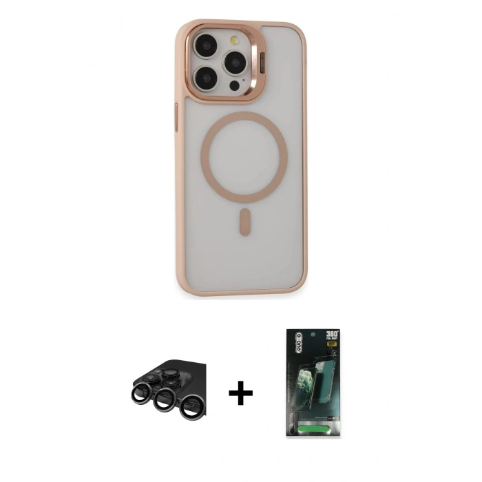 MARSİLYAN™- iPhone 15 Pro Max Kılıf Ahenk Klasik Özel Seri - Şeffaf 360 Full Body Arka Koruyucu + Raze Metal Kamera Lens - TMGI