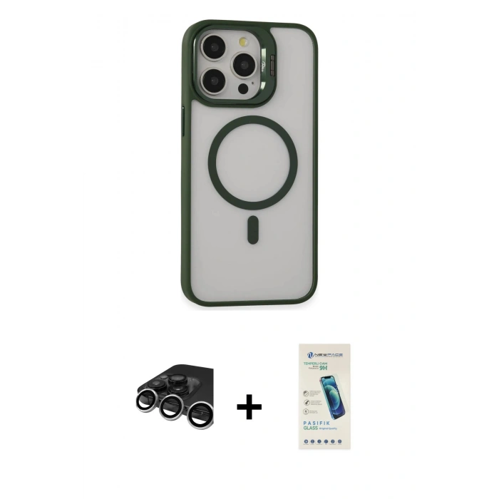 MARSİLYAN™- iPhone 15 Pro Max Kılıf Ahenk Klasik Özel Seri - Şeffaf Pasifik Cam Ekran Koruyucu + Raze Metal Kamera Lens - GS