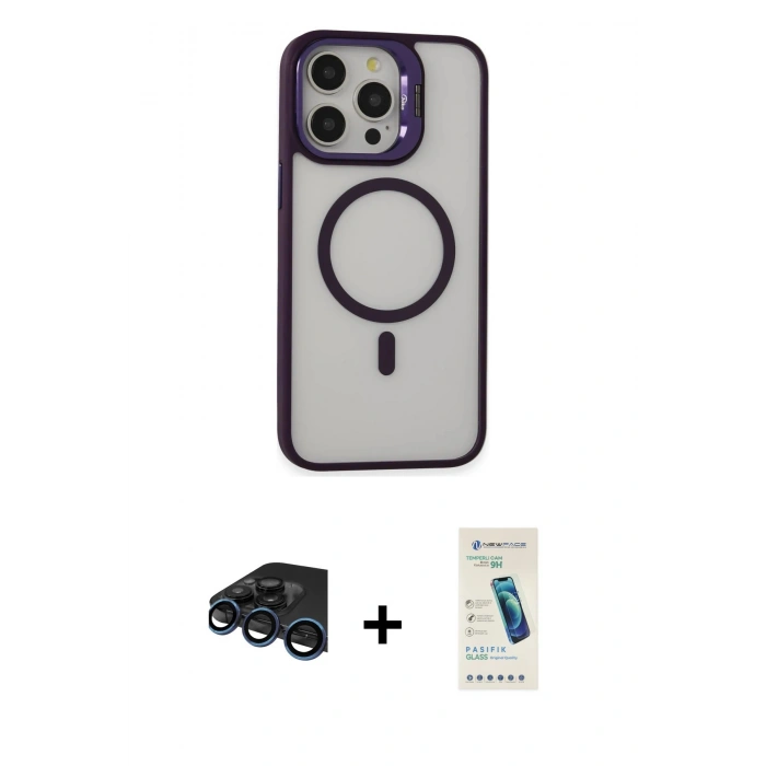 MARSİLYAN™- iPhone 15 Pro Max Kılıf Ahenk Klasik Özel Seri - Şeffaf Pasifik Cam Ekran Koruyucu + Raze Metal Kamera Lens - LT