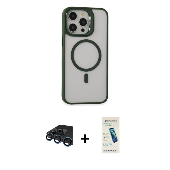 MARSİLYAN™- iPhone 15 Pro Max Kılıf Ahenk Klasik Özel Seri - Şeffaf Pasifik Cam Ekran Koruyucu + Raze Metal Kamera Lens - LT
