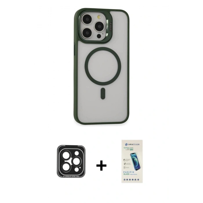 MARSİLYAN™- iPhone 15 Pro Max Kılıf Ahenk Klasik Özel Seri - Şeffaf Pasifik Cam Ekran Koruyucu + PVD Metal Kamera Lens - SH