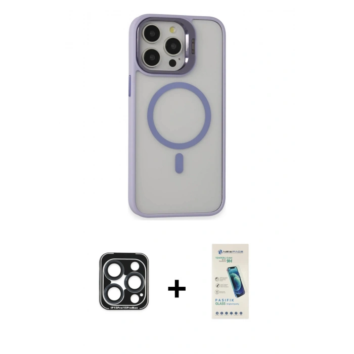MARSİLYAN™- iPhone 15 Pro Max Kılıf Ahenk Klasik Özel Seri - Şeffaf Pasifik Cam Ekran Koruyucu + PVD Metal Kamera Lens - LT