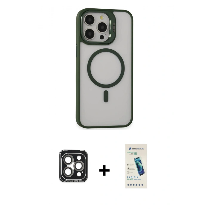 MARSİLYAN™- iPhone 15 Pro Max Kılıf Ahenk Klasik Özel Seri - Şeffaf Pasifik Cam Ekran Koruyucu + PVD Metal Kamera Lens - GI