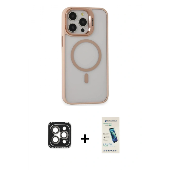 MARSİLYAN™- iPhone 15 Pro Max Kılıf Ahenk Klasik Özel Seri - Şeffaf Pasifik Cam Ekran Koruyucu + PVD Metal Kamera Lens - GI