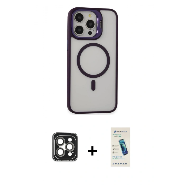 MARSİLYAN™- iPhone 15 Pro Max Kılıf Ahenk Klasik Özel Seri - Şeffaf Pasifik Cam Ekran Koruyucu + PVD Metal Kamera Lens - GI