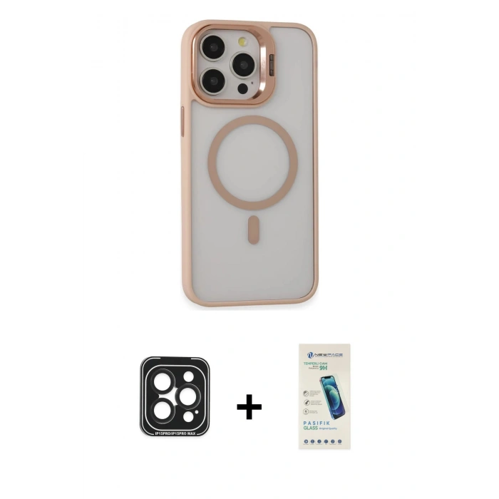 MARSİLYAN™- iPhone 15 Pro Max Kılıf Ahenk Klasik Özel Seri - Şeffaf Pasifik Cam Ekran Koruyucu + PVD Metal Kamera Lens - SH