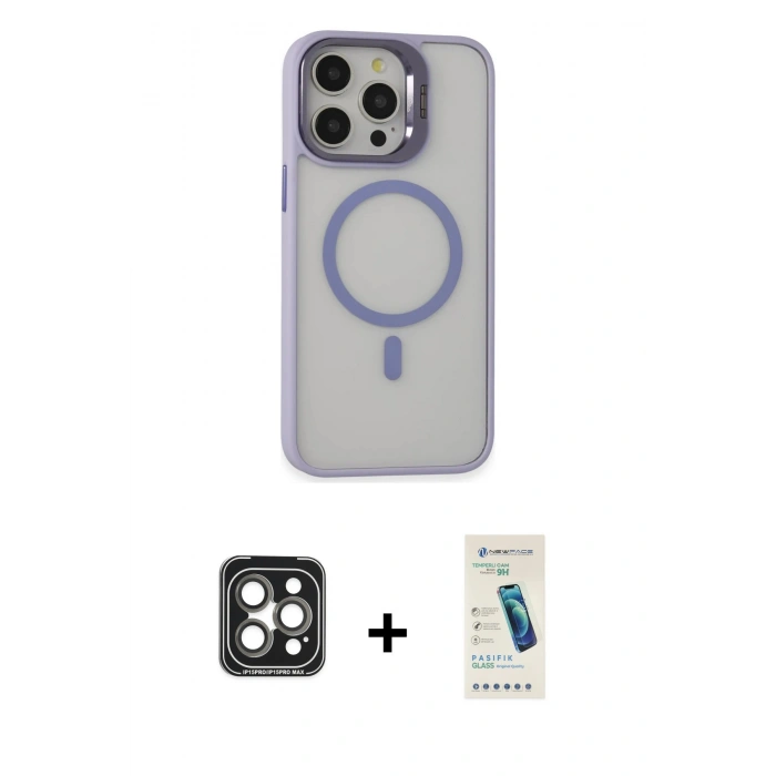 MARSİLYAN™- iPhone 15 Pro Max Kılıf Ahenk Klasik Özel Seri - Şeffaf Pasifik Cam Ekran Koruyucu + PVD Metal Kamera Lens - GI