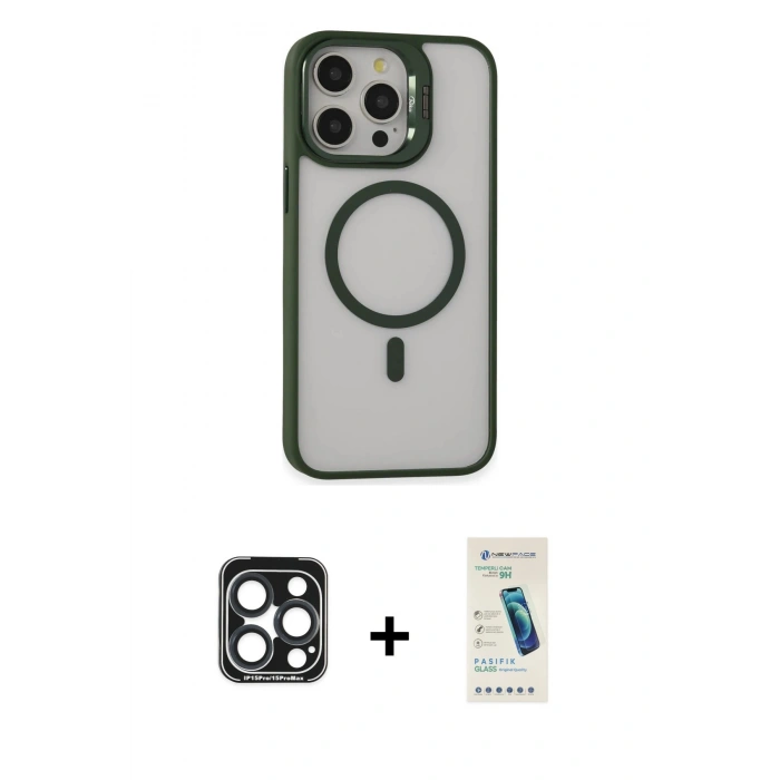 MARSİLYAN™- iPhone 15 Pro Max Kılıf Ahenk Klasik Özel Seri - Şeffaf Pasifik Cam Ekran Koruyucu + PVD Metal Kamera Lens - LT