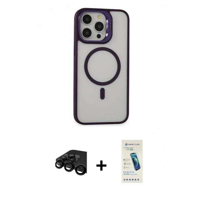 MARSİLYAN™- iPhone 15 Pro Max Kılıf Ahenk Klasik Özel Seri - Şeffaf Pasifik Cam Ekran Koruyucu + Siyah Raze Metal Kamera Lens