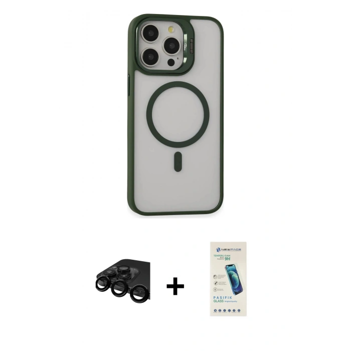 MARSİLYAN™- iPhone 15 Pro Max Kılıf Ahenk Klasik Özel Seri - Şeffaf Pasifik Cam Ekran Koruyucu + Siyah Raze Metal Kamera Lens