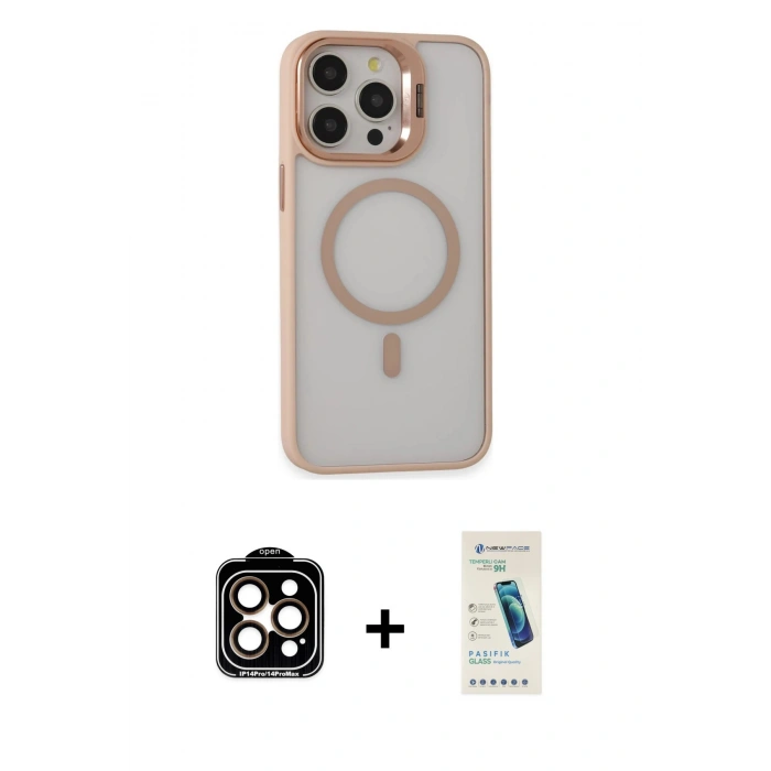 MARSİLYAN™- iPhone 15 Pro Max Kılıf Ahenk Klasik Özel Seri - Şeffaf Pasifik Cam Ekran Koruyucu + PVD Metal Kamera Lens - TU