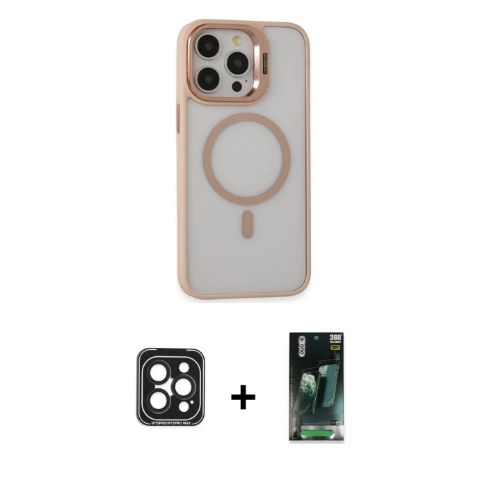 MARSİLYAN™- iPhone 15 Pro Max Kılıf Ahenk Klasik Özel Seri - Siyah 360 Mat Full Body Arka Koruyucu + PVD Metal Kamera Lens - SH
