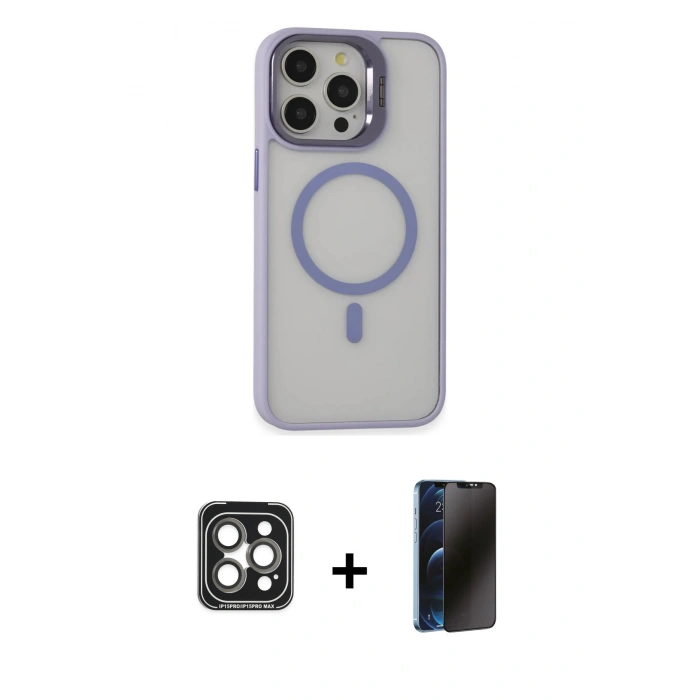 MARSİLYAN™- iPhone 15 Pro Max Kılıf Ahenk Klasik Özel Seri - Siyah 3D Antistatik Hayalet Cam Ekran Koruyucu + PVD Metal Kamera Lens - GI