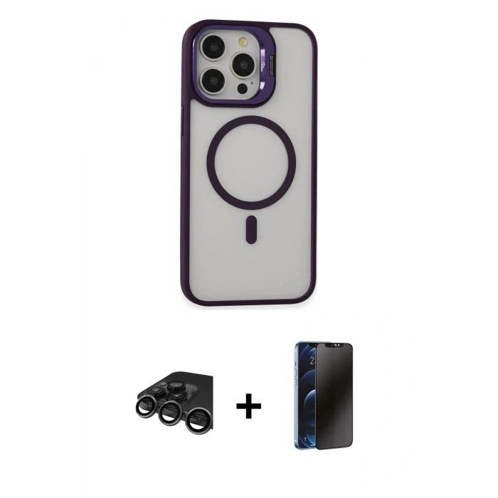 MARSİLYAN™- iPhone 15 Pro Max Kılıf Ahenk Klasik Özel Seri - Siyah 3D Antistatik Hayalet Cam Ekran Koruyucu + Raze Metal Kamera Lens - TMGI