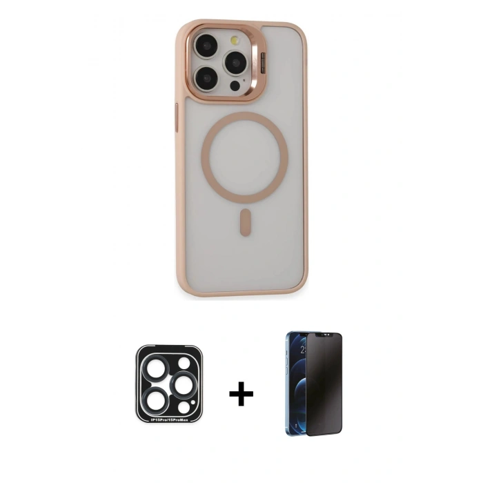 MARSİLYAN™- iPhone 15 Pro Max Kılıf Ahenk Klasik Özel Seri - Siyah 3D Antistatik Hayalet Cam Ekran Koruyucu + PVD Metal Kamera Lens - LT