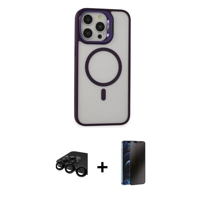 MARSİLYAN™- iPhone 15 Pro Max Kılıf Ahenk Klasik Özel Seri - Siyah 3D Antistatik Hayalet Cam Ekran Koruyucu + Raze Metal Kamera Lens - SH