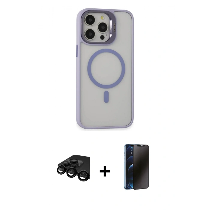 MARSİLYAN™- iPhone 15 Pro Max Kılıf Ahenk Klasik Özel Seri - Siyah 3D Antistatik Hayalet Cam Ekran Koruyucu + Raze Metal Kamera Lens - SH