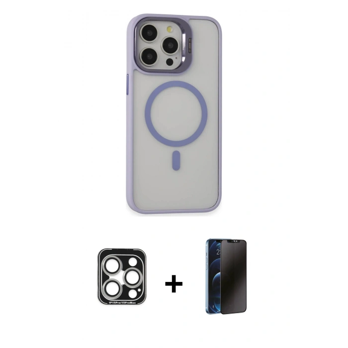 MARSİLYAN™- iPhone 15 Pro Max Kılıf Ahenk Klasik Özel Seri - Siyah 3D Antistatik Hayalet Cam Ekran Koruyucu + PVD Metal Kamera Lens - GS