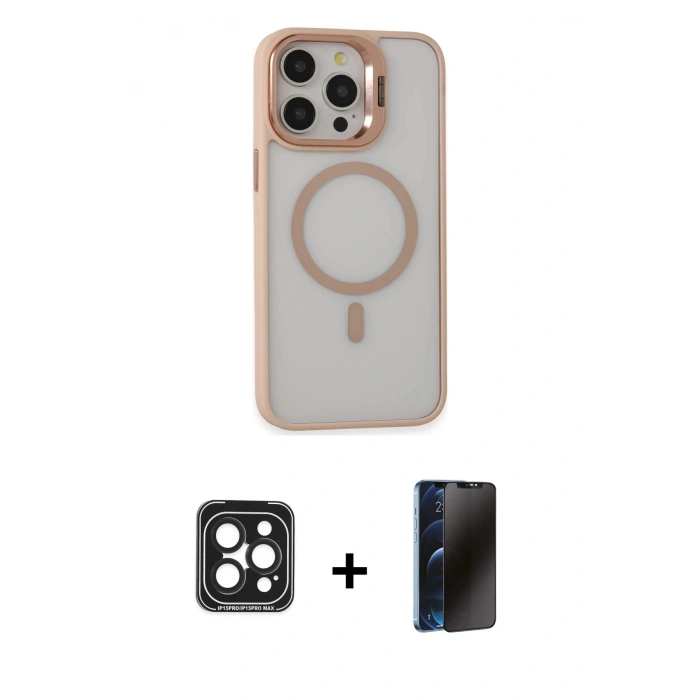 MARSİLYAN™- iPhone 15 Pro Max Kılıf Ahenk Klasik Özel Seri - Siyah 3D Antistatik Hayalet Cam Ekran Koruyucu + PVD Metal Kamera Lens - SH