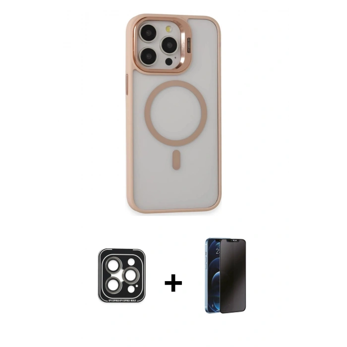 MARSİLYAN™- iPhone 15 Pro Max Kılıf Ahenk Klasik Özel Seri - Siyah 3D Antistatik Hayalet Cam Ekran Koruyucu + PVD Metal Kamera Lens - GI