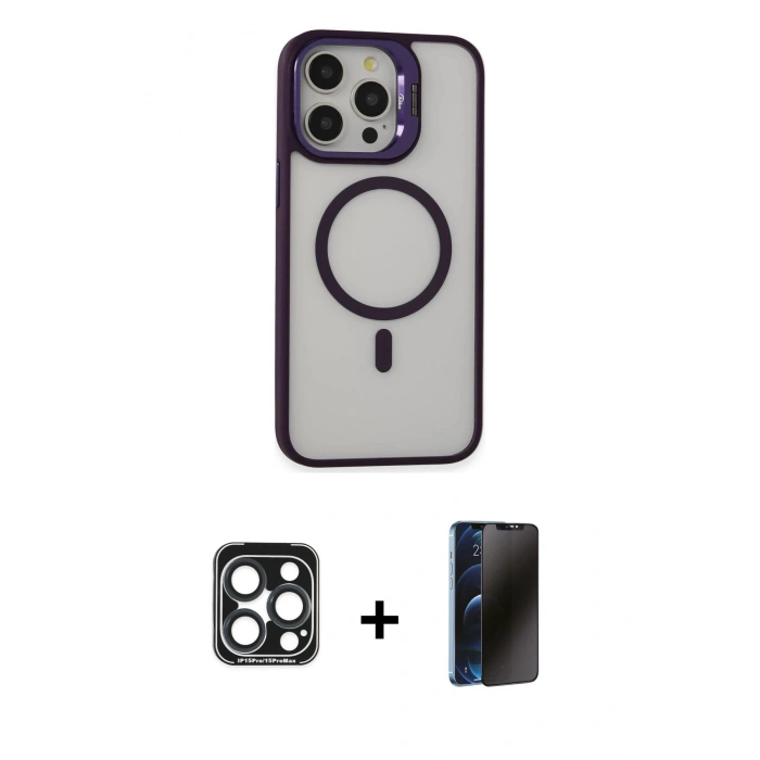 MARSİLYAN™- iPhone 15 Pro Max Kılıf Ahenk Klasik Özel Seri - Siyah 3D Antistatik Hayalet Cam Ekran Koruyucu + PVD Metal Kamera Lens - LT