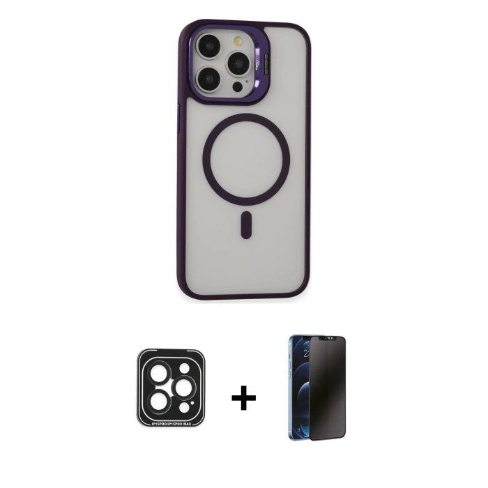 MARSİLYAN™- iPhone 15 Pro Max Kılıf Ahenk Klasik Özel Seri - Siyah 3D Antistatik Hayalet Cam Ekran Koruyucu + PVD Metal Kamera Lens - SH