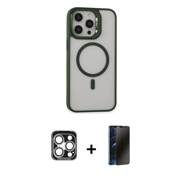 MARSİLYAN™- iPhone 15 Pro Max Kılıf Ahenk Klasik Özel Seri - Siyah 3D Antistatik Hayalet Cam Ekran Koruyucu + PVD Metal Kamera Lens - GS
