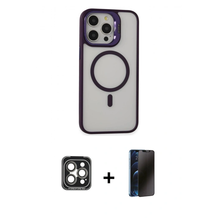 MARSİLYAN™- iPhone 15 Pro Max Kılıf Ahenk Klasik Özel Seri - Siyah 3D Antistatik Hayalet Cam Ekran Koruyucu + PVD Metal Kamera Lens - GI
