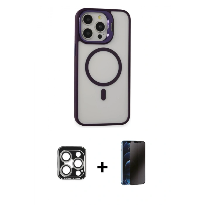 MARSİLYAN™- iPhone 15 Pro Max Kılıf Ahenk Klasik Özel Seri - Siyah 3D Antistatik Hayalet Cam Ekran Koruyucu + PVD Metal Kamera Lens - GS