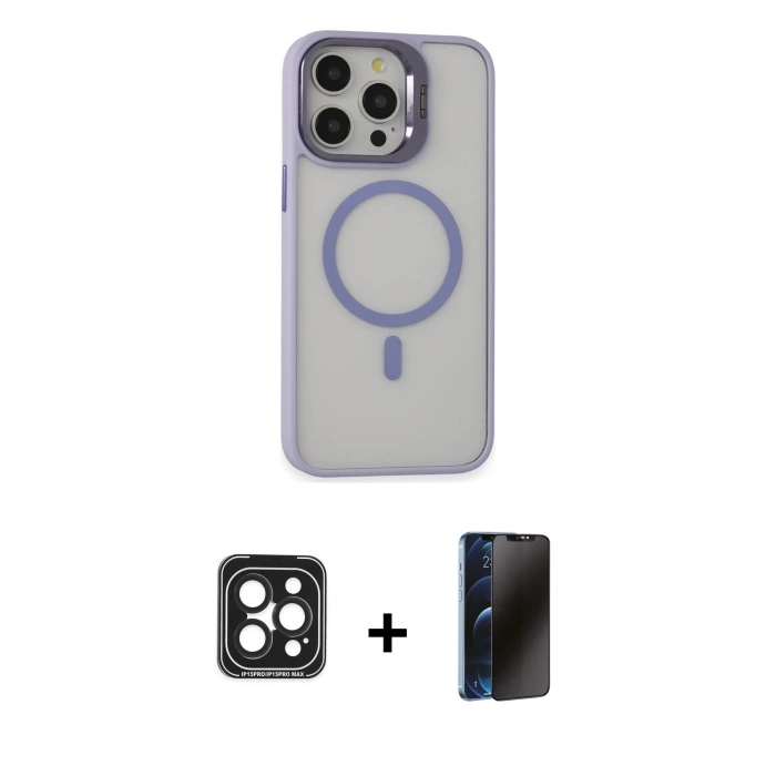 MARSİLYAN™- iPhone 15 Pro Max Kılıf Ahenk Klasik Özel Seri - Siyah 3D Antistatik Hayalet Cam Ekran Koruyucu + PVD Metal Kamera Lens - SH