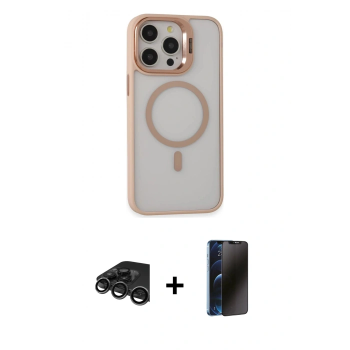 MARSİLYAN™- iPhone 15 Pro Max Kılıf Ahenk Klasik Özel Seri - Siyah 3D Antistatik Hayalet Cam Ekran Koruyucu + Raze Metal Kamera Lens - TMGI