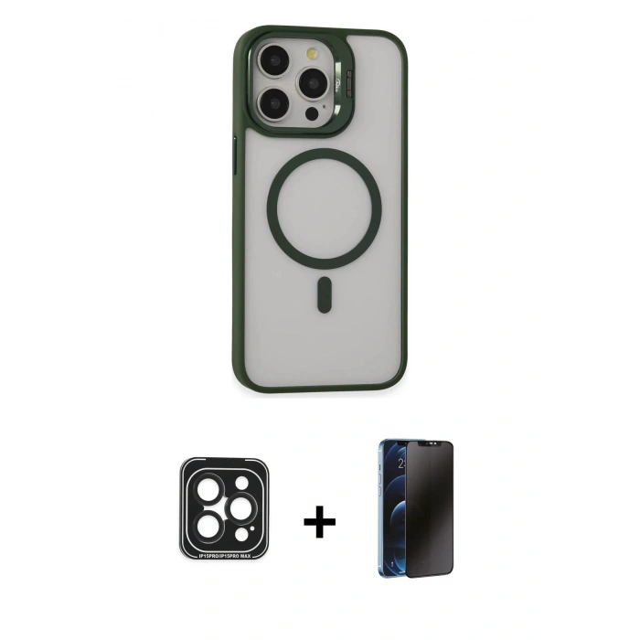 MARSİLYAN™- iPhone 15 Pro Max Kılıf Ahenk Klasik Özel Seri - Siyah 3D Antistatik Hayalet Cam Ekran Koruyucu + PVD Metal Kamera Lens - SH