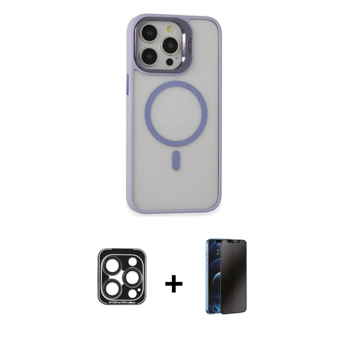 MARSİLYAN™- iPhone 15 Pro Max Kılıf Ahenk Klasik Özel Seri - Siyah 3D Antistatik Hayalet Cam Ekran Koruyucu + PVD Metal Kamera Lens - LT
