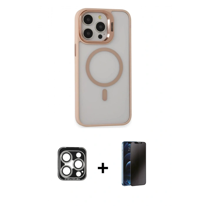 MARSİLYAN™- iPhone 15 Pro Max Kılıf Ahenk Klasik Özel Seri - Siyah 3D Antistatik Hayalet Cam Ekran Koruyucu + PVD Metal Kamera Lens - GS