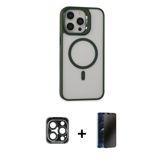 MARSİLYAN™- iPhone 15 Pro Max Kılıf Ahenk Klasik Özel Seri - Siyah 3D Antistatik Hayalet Cam Ekran Koruyucu + PVD Metal Kamera Lens - LT